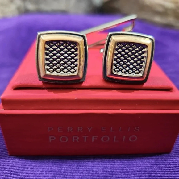Perry Ellis Portfolio Cufflinks Silver Tone Gold Tone Tie Bar Clip Boxed - Picture 7 of 10